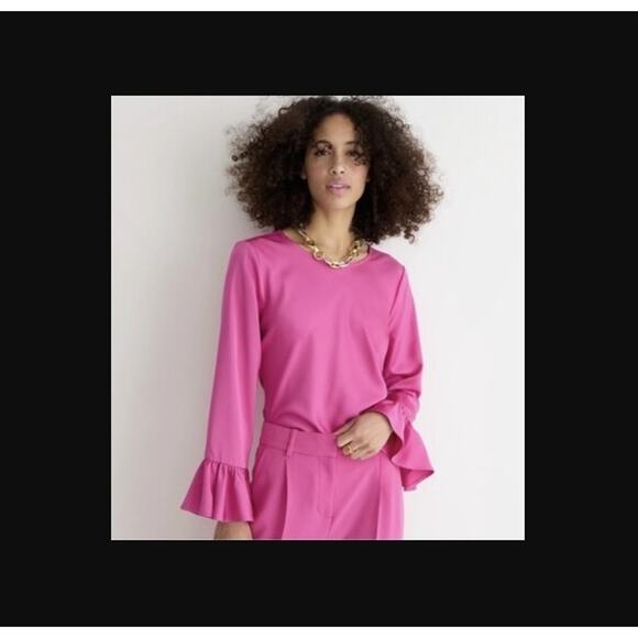 J. Crew Size Large L Pink Winter Garden Crew Long Bell Sleeve Satin Top Blouse - Picture 2 of 8